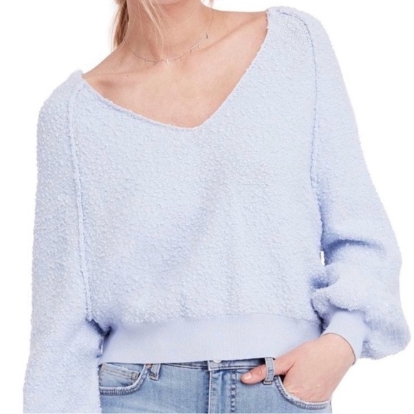 Free People Found My Friend Pullover Popcorn Blue V Neck Textured Medium Relaxed - Picture 1 of 8